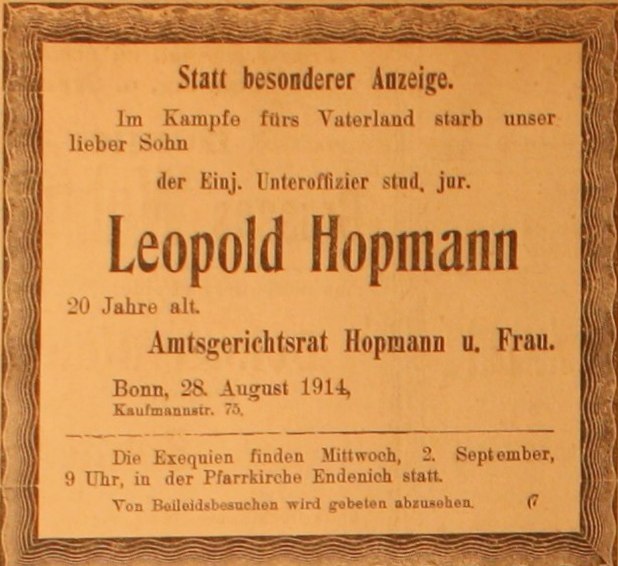 Anzeige im General-Anzeiger vom 30. August 1914