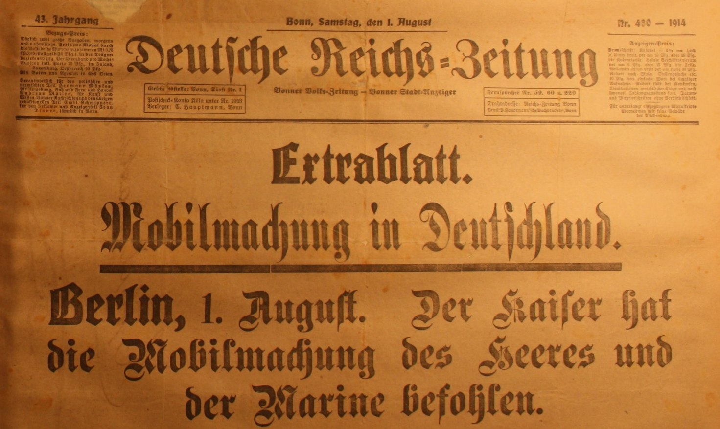 Extrablatt der Deutschen Reichs-Zeitung vom 1. August 1914