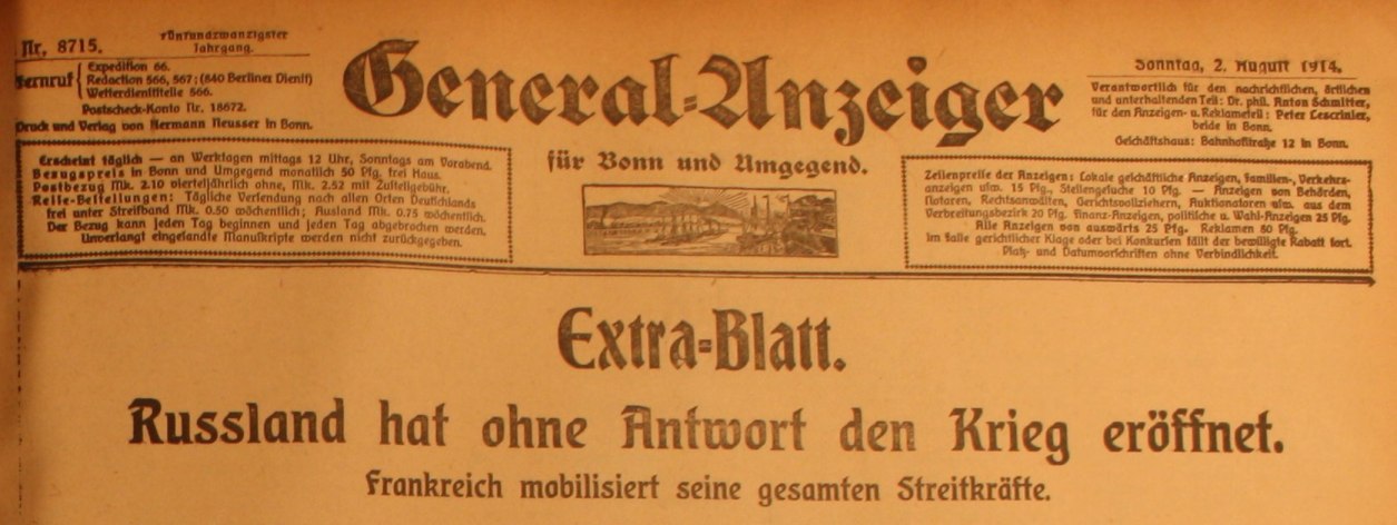 Extrablatt des Bonner General-Anzeigers vom 1. August 1914