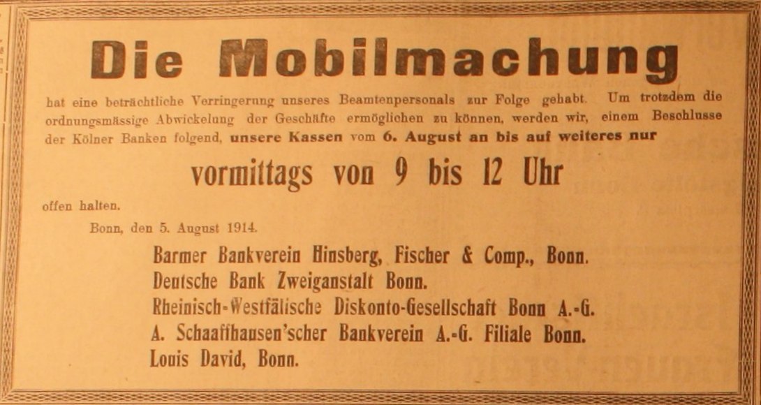 Anzeige im Bonner General-Anzeiger vom 6. August 1914