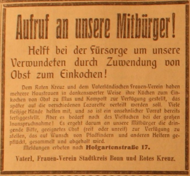 Anzeige im Bonner General-Anzeiger vom 11. August 1914