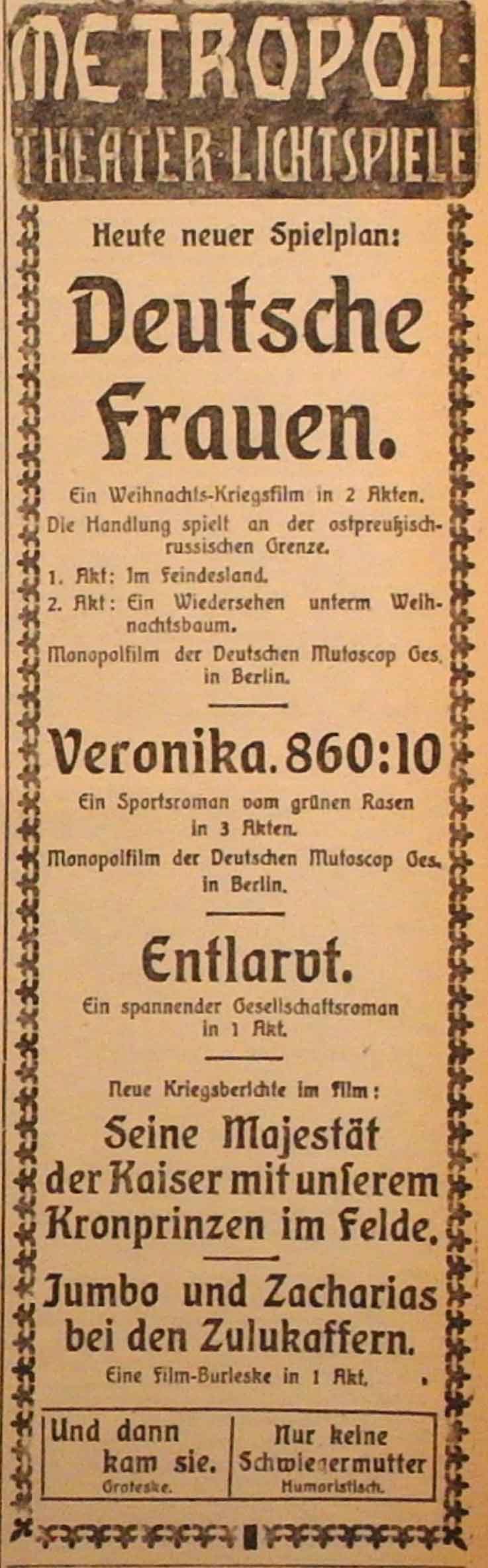 Anzeige im General-Anzeiger vom 22. Dezember 1914