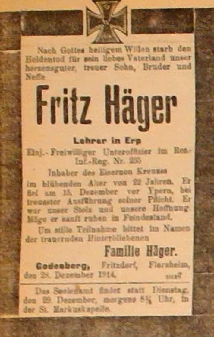 Anzeige in der Deutschen Reichs-Zeitung vom 29. Dezember 1914