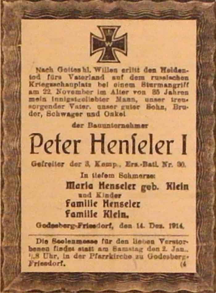 Anzeige im General-Anzeiger vom 31. Dezember 1914