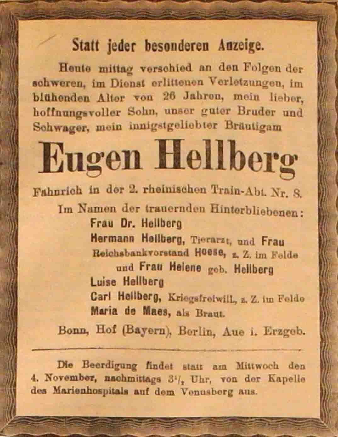 Anzeige im General-Anzeiger vom 3. November 1914