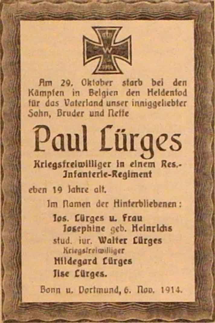 Anzeige im General-Anzeiger vom 7. November 1914