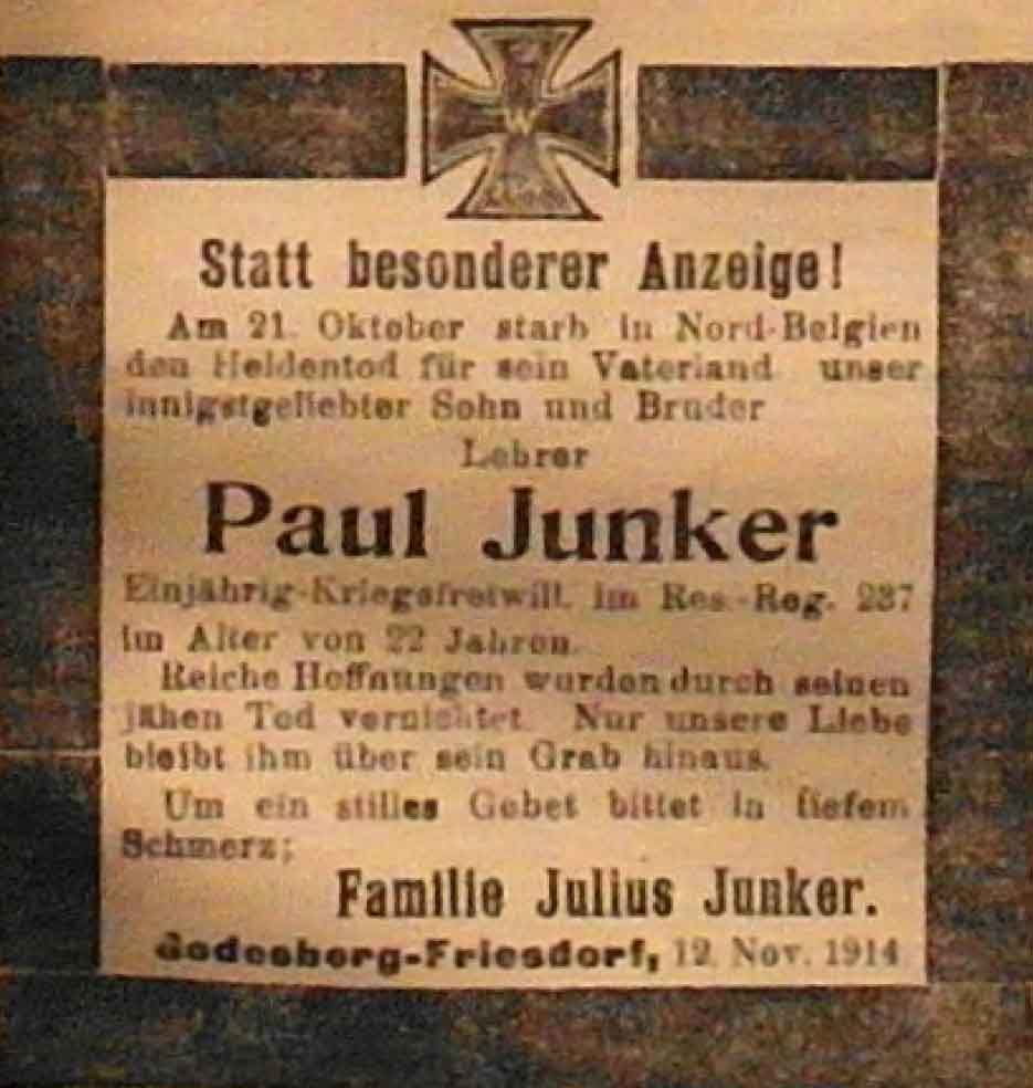 Anzeige in der Deutschen Reichs-Zeitung vom 13. November 1914