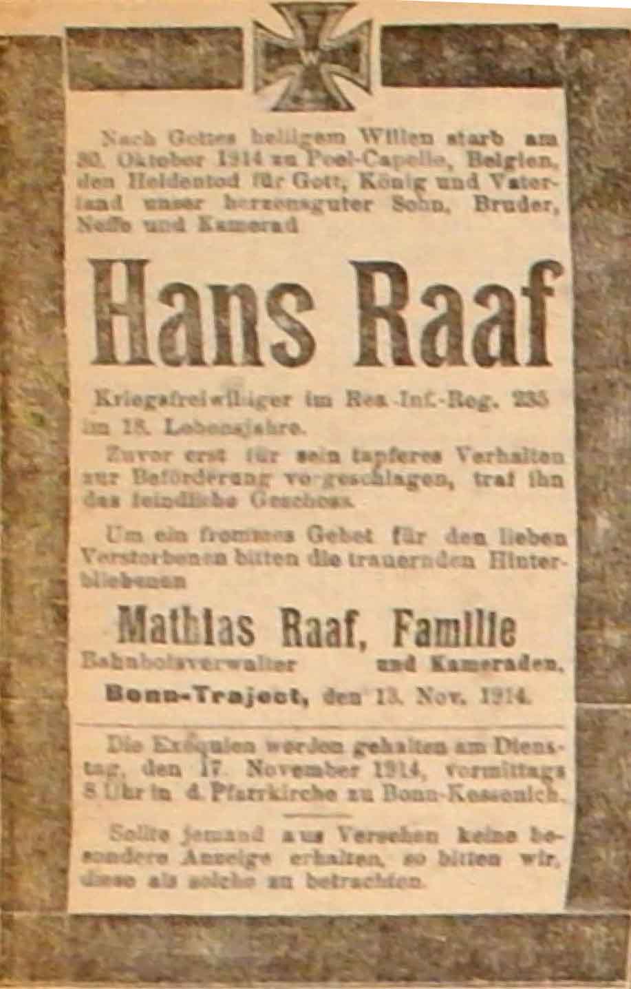 Anzeige in der Deutschen Reichs-Zeitung vom 14. November 1914