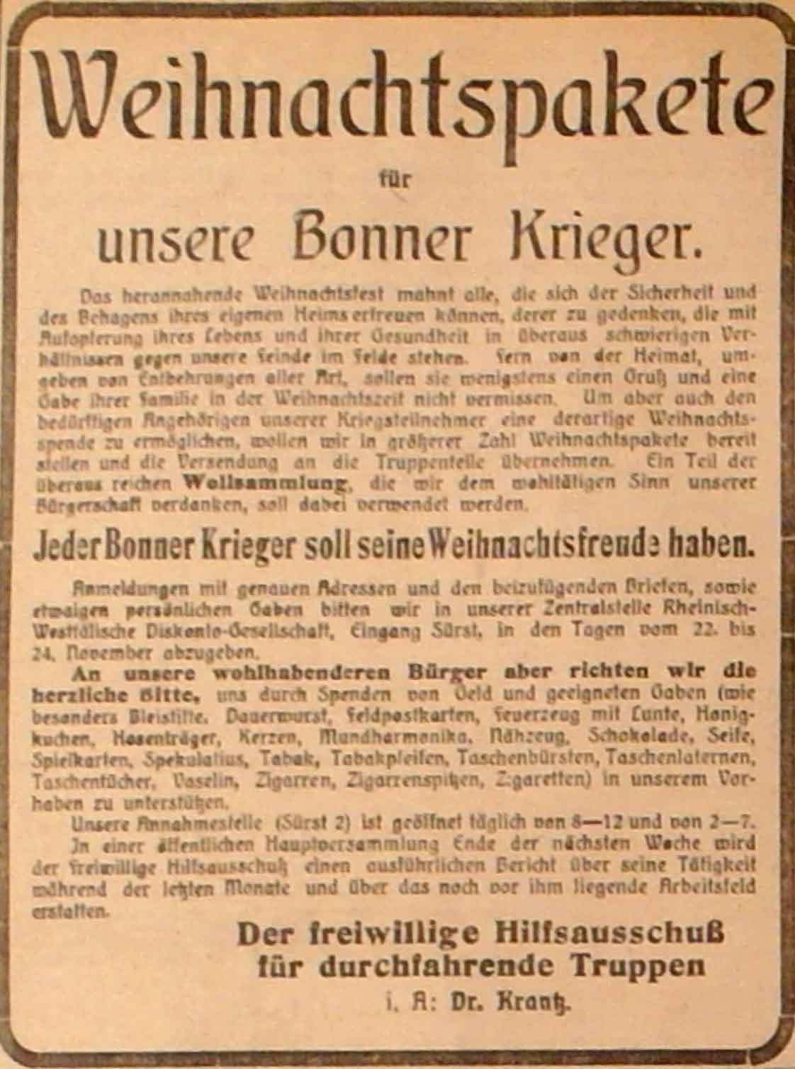 Anzeige im General-Anzeiger vom 21. November 1914