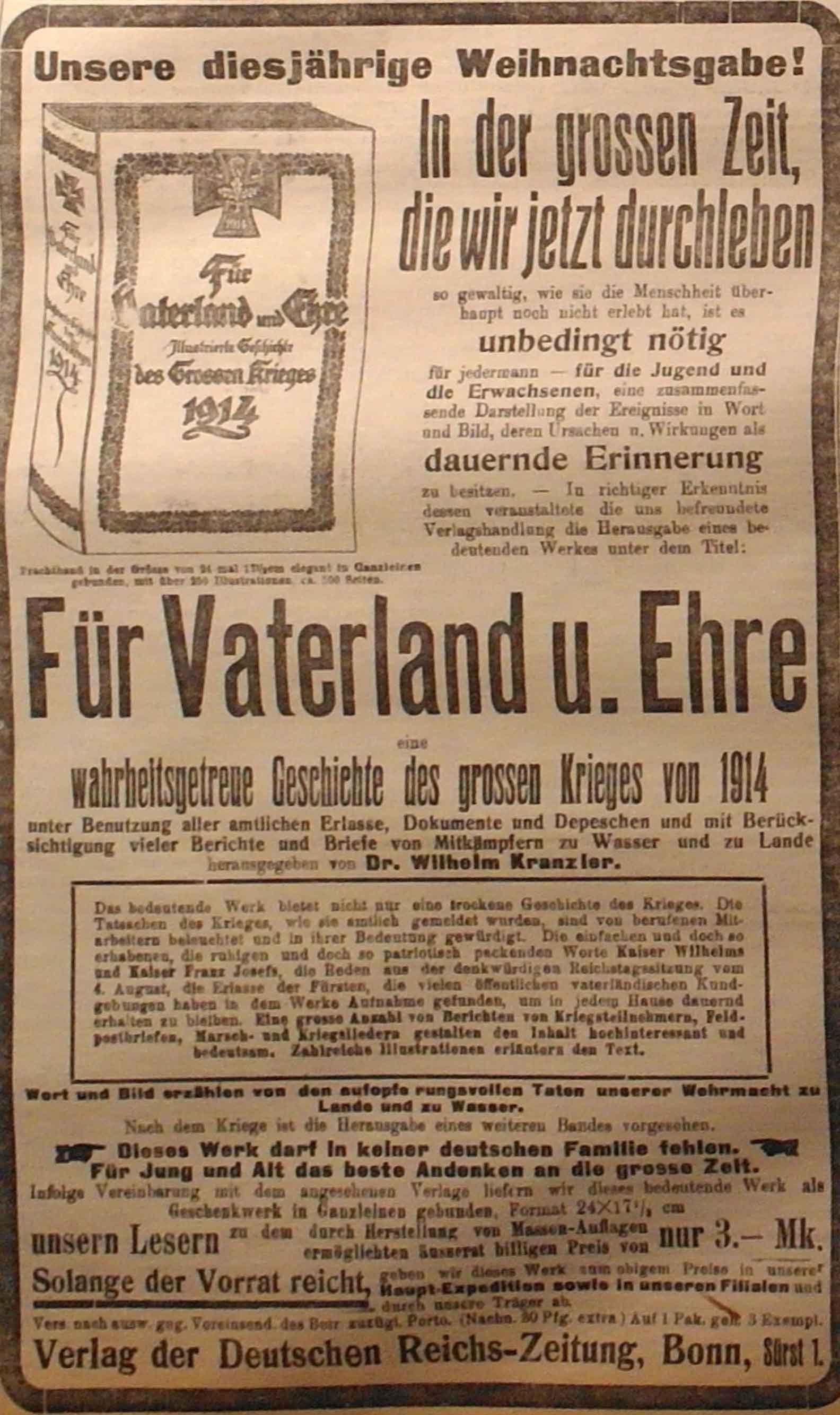 Anzeige in der Deutschen Reichs-Zeitung vom 27. November 1914