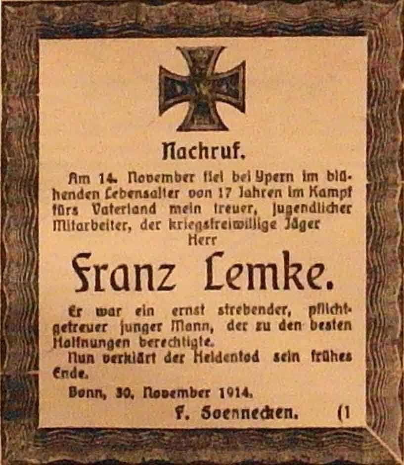 Anzeige im General-Anzeiger vom 30. November 1914