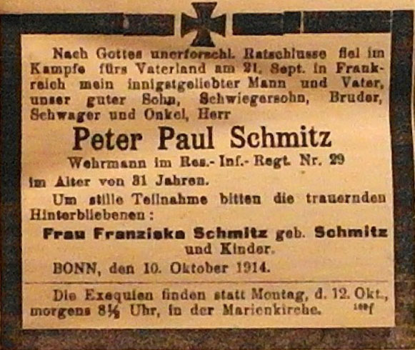 Anzeige  in der Deutschen Reichs-Zeitung vom 10. Oktober 1914