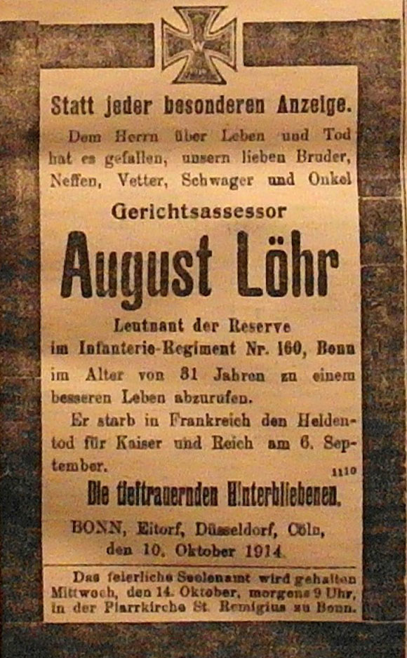 Anzeige in der Deutschen Reichs-Zeitung vom 11. Oktober 1914