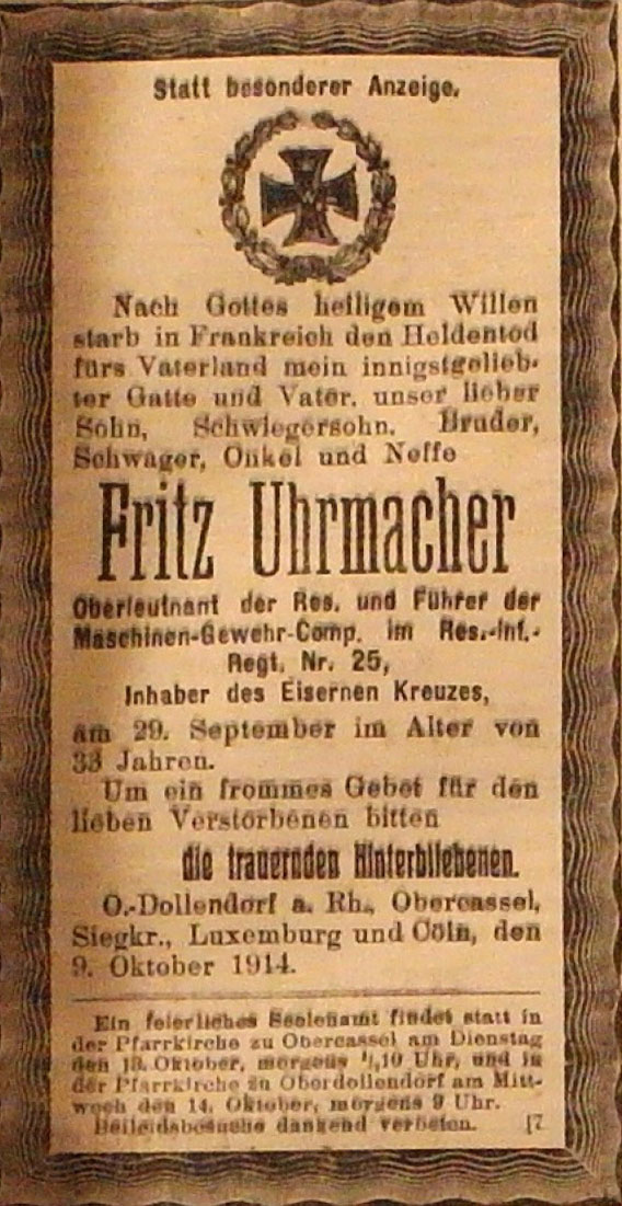 Anzeige im General-Anzeiger vom 11. Oktober 1914