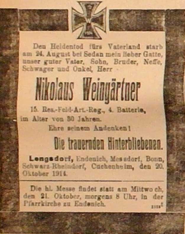 Anzeige in der Deutschen Reichs-Zeitung vom 20. Oktober 1914