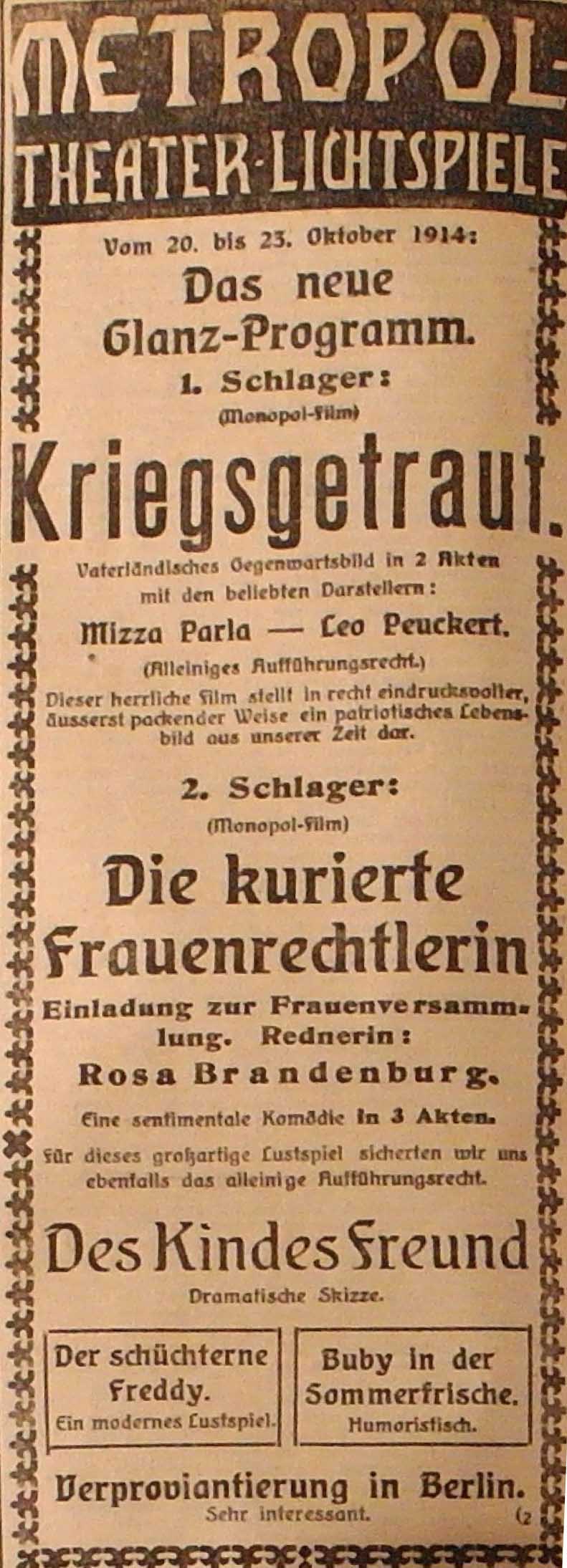 Anzeige im General-Anzeiger vom 20. Oktober 1914