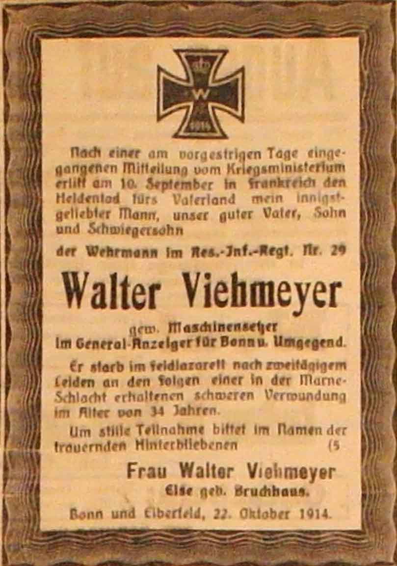 Anzeige im General-Anzeiger vom 23. Oktober 1914