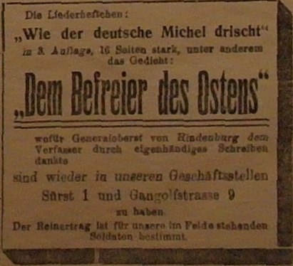 Anzeige in der Deutschen Reichs-Zeitung vom 2. Oktober 1914