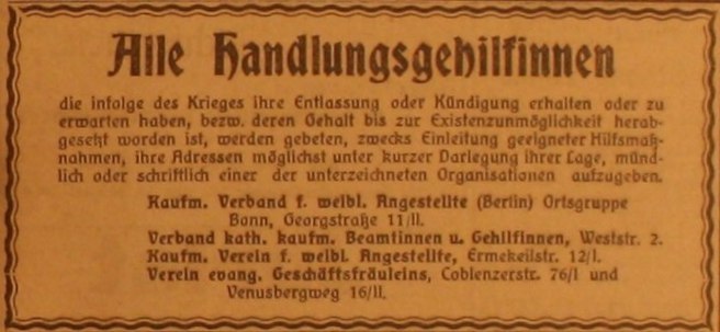 Anzeige im General-Anzeiger vom 1. September 1914
