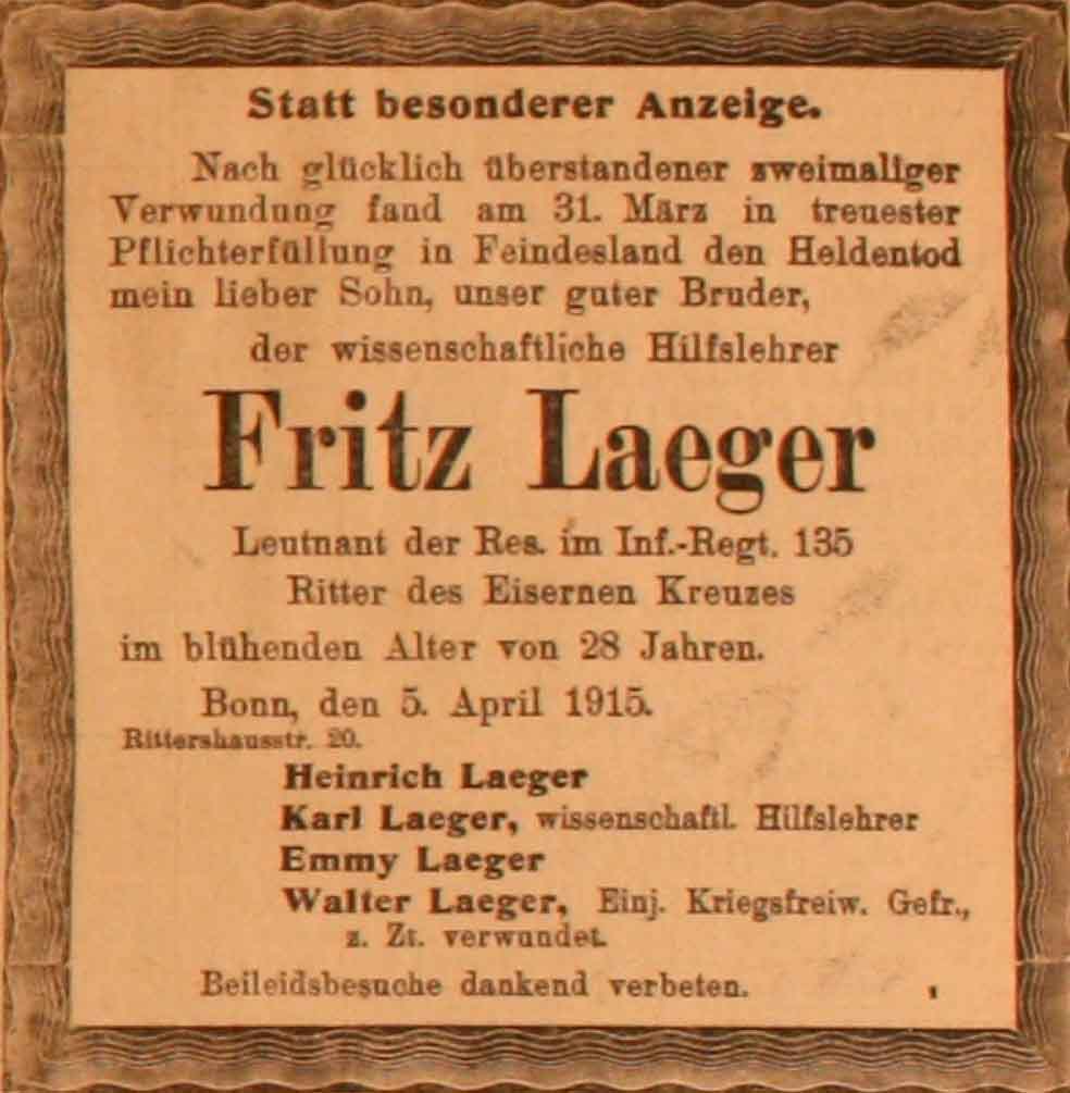 Anzeige im General-Anzeiger vom 6. April 1915