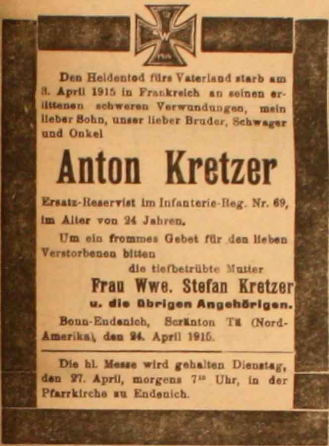 Anzeige in der Deutschen Reichs-Zeitung vom 25. April 1915