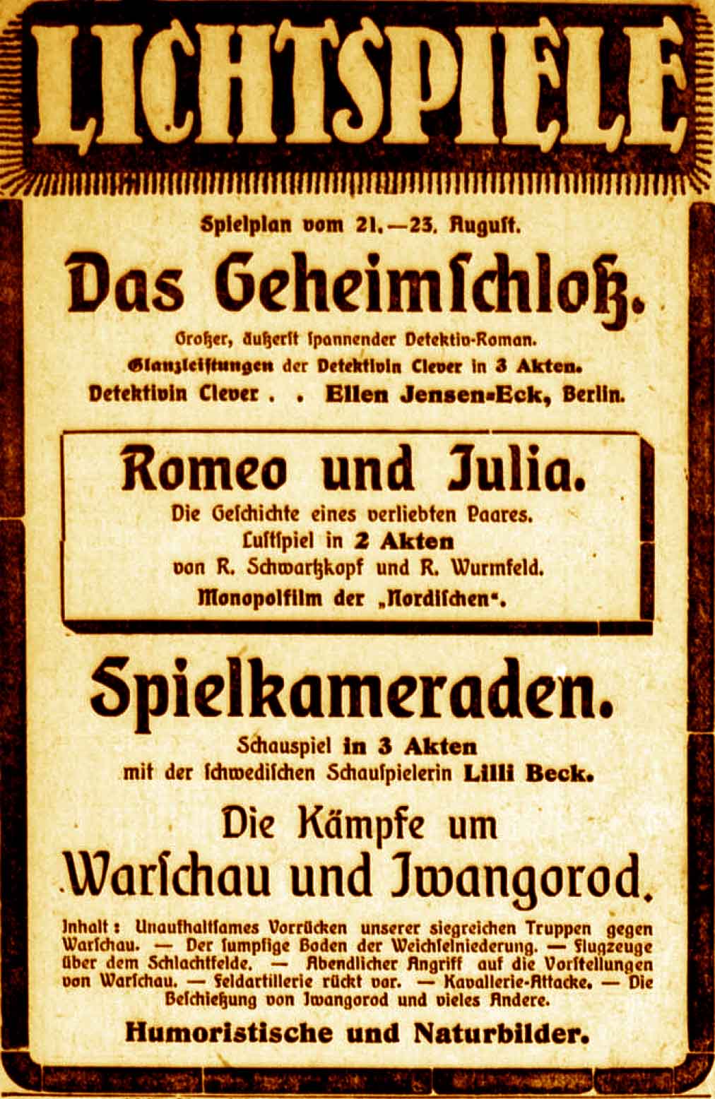 Anzeige im General-Anzeiger vom 21. August 1915