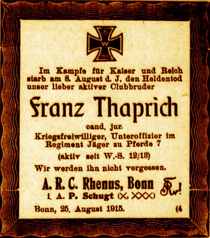 Anzeige im General-Anzeiger vom 26. August 1915