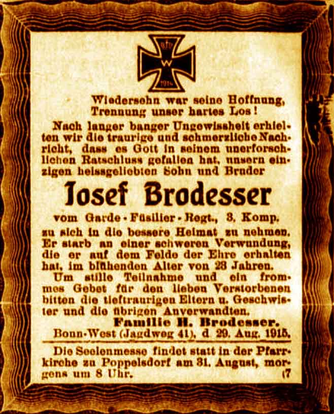 Anzeige im General-Anzeiger vom 29. August 1915