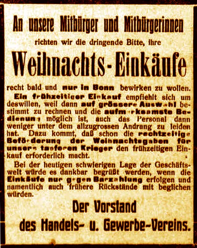 Anzeige in der Bonner Zeitung vom 8. Dezember 1915