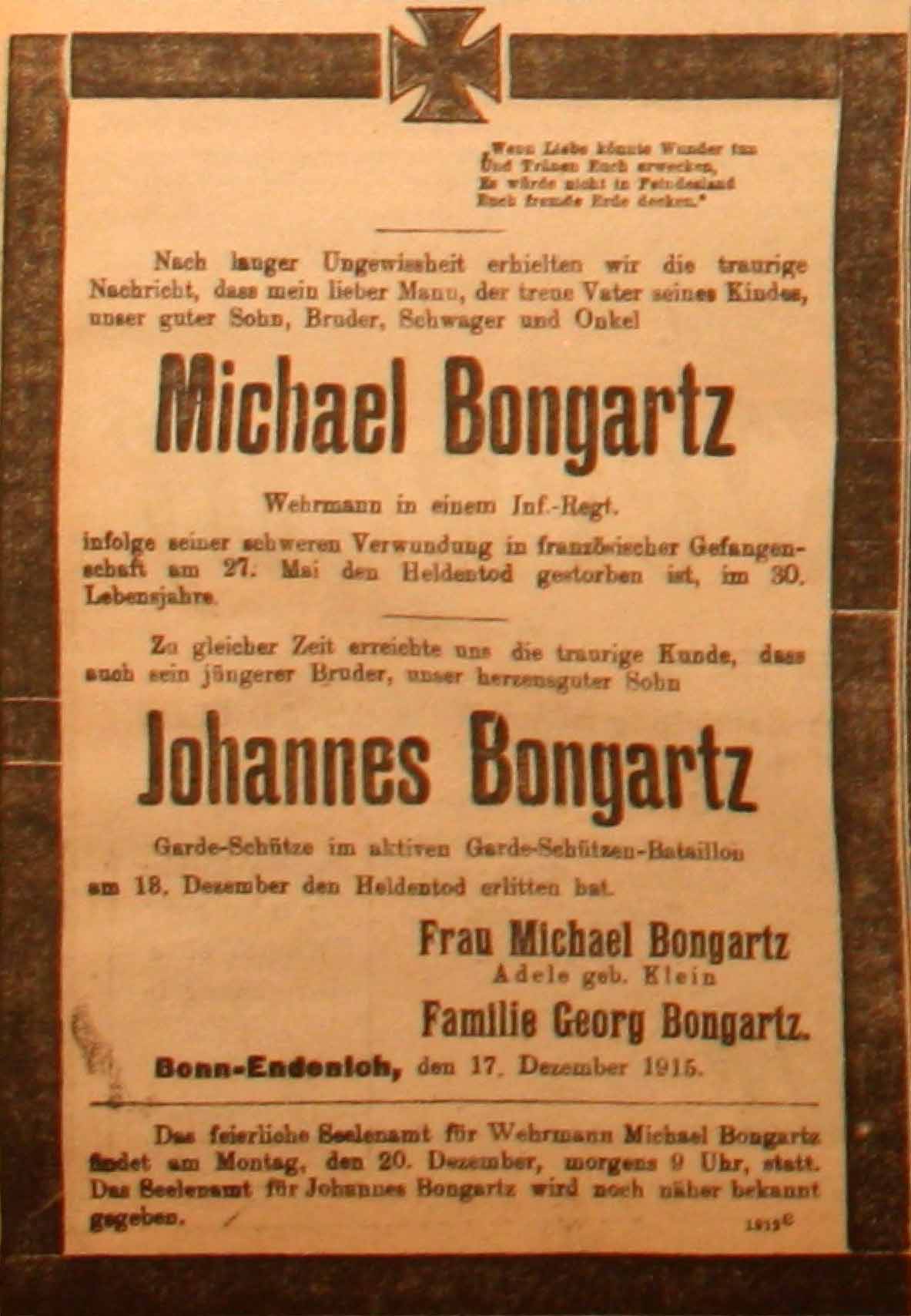 Anzeige in der Deutschen Reichs-Zeitung vom 18. Dezember 1915
