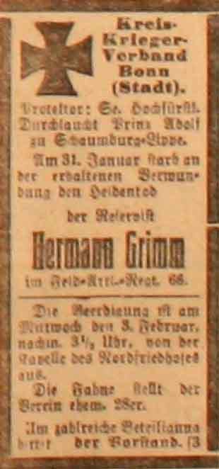 Anzeige im General-Anzeiger vom 3. Februar 1915