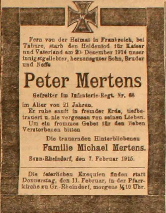 Anzeige in der Deutschen Reichs-Zeitung vom 7. Februar 1915