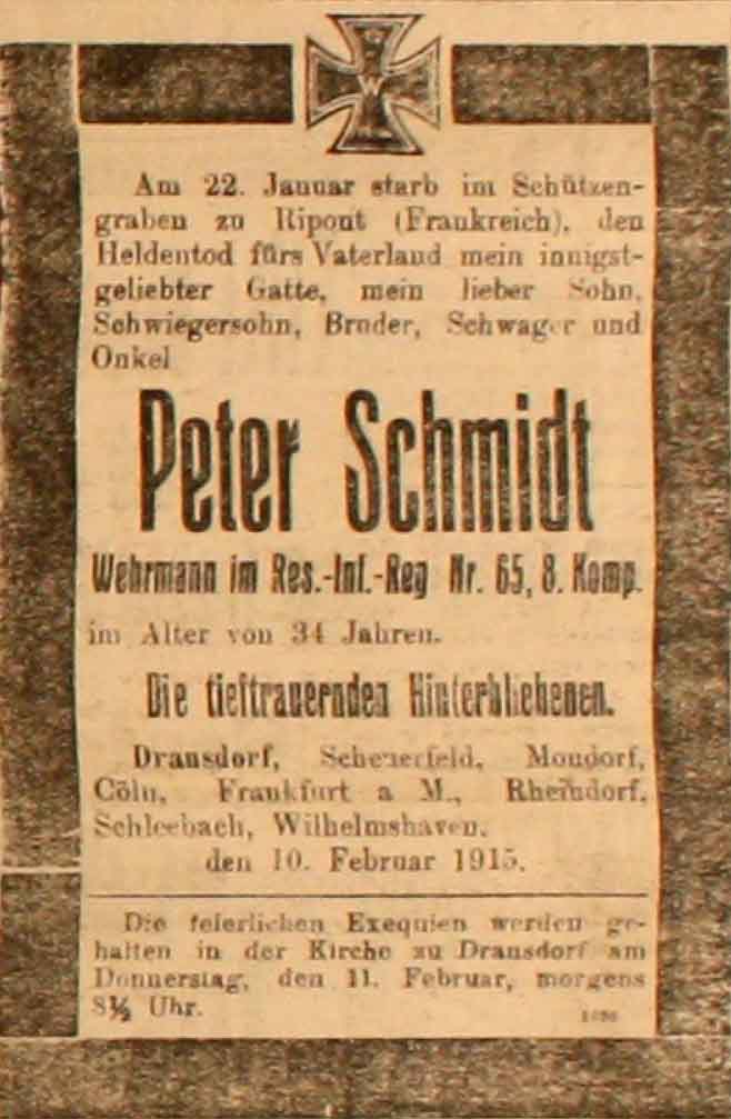 Anzeige in der Deutschen Reichs-Zeitung vom 10. Februar 1915