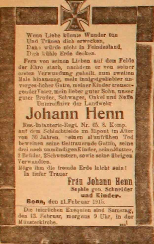 Anzeige in der Deutschen Reichs-Zeitung vom 12. Februar 1915
