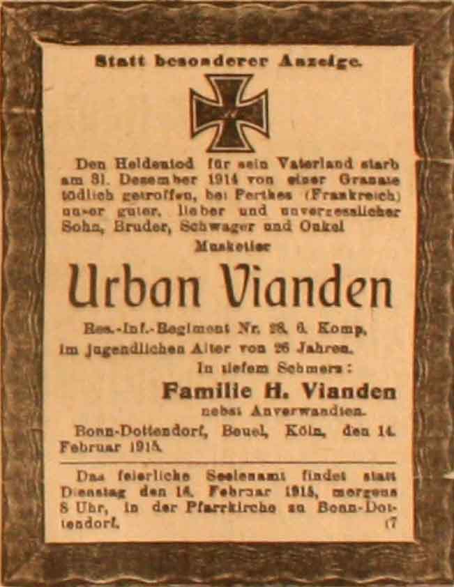 Anzeige im General-Anzeiger vom 14. Februar 1915