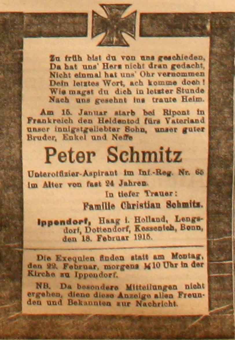 Anzeige in der Deutschen Reichs-Zeitung vom 19. Februar 1915