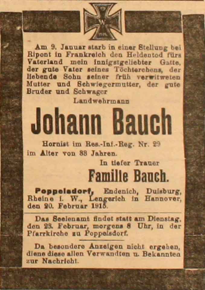 Anzeige in der Deutschen Reichs-Zeitung vom 20. Februar 1915