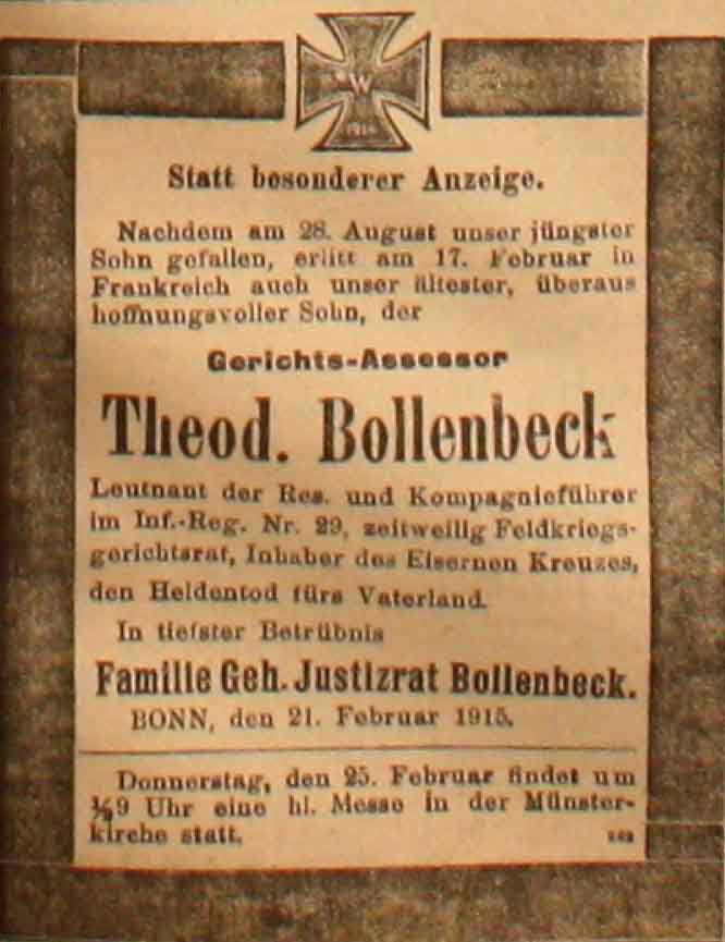 Anzeige in der Deutschen Reichs-Zeitung vom 23. Februar 1915