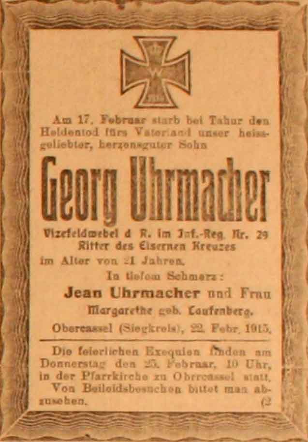 Anzeige im General-Anzeiger vom 23. Februar 1915