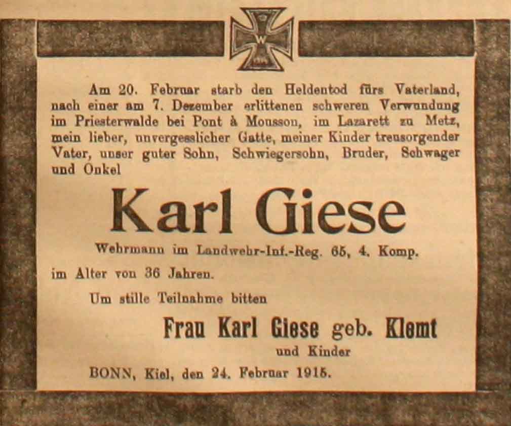 Anzeige in der Deutschen Reichs-Zeitung vom 25. Februar 1915