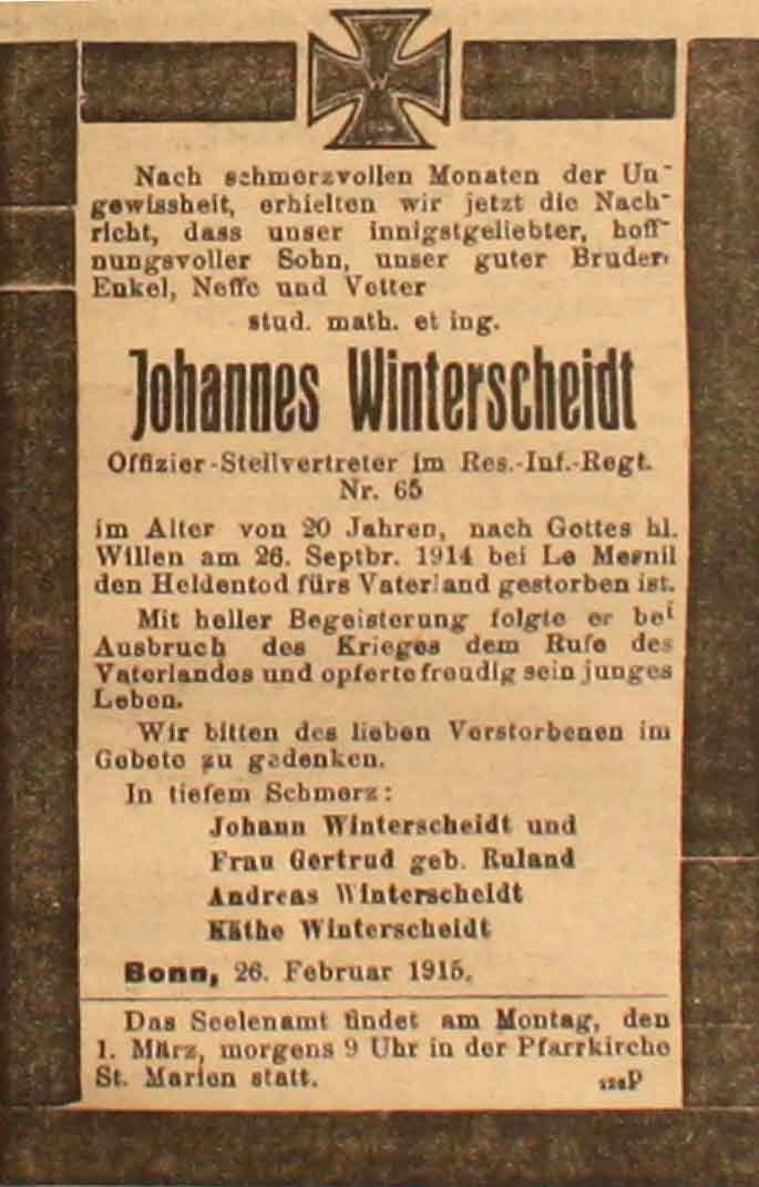 Anzeige in der Deutschen Reichs-Zeitung vom 26. Februar 1915