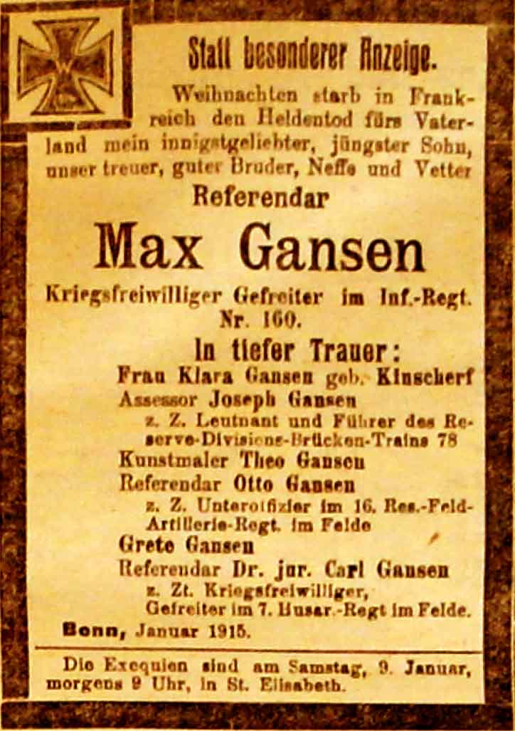 Anzeige in der Deutschen Reichs-Zeitung vom 7. Januar 1915