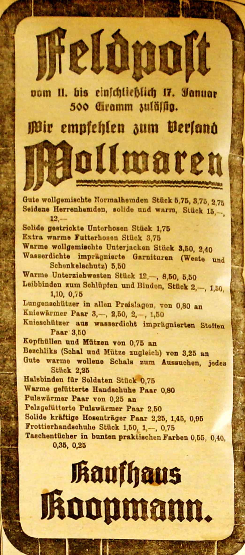 Anzeige in der Deutschen Reichs-Zeitung vom 11. Januar 1915