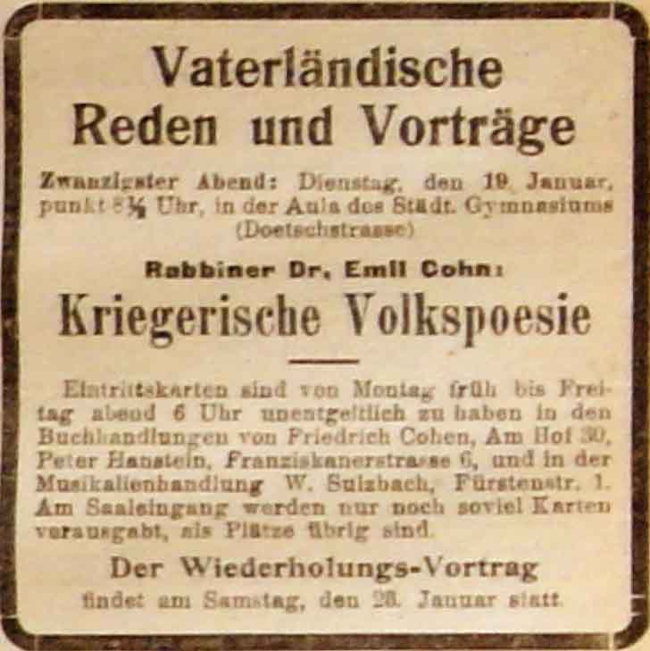 Anzeige in der Reichs-Zeitung vom 17. Januar 1915