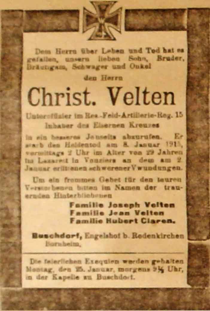 Anzeige in der Deutschen Reichs-Zeitung vom 22. Januar 1915