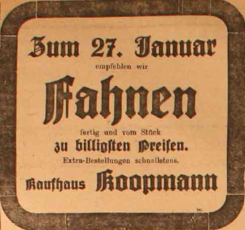 Anzeige in der Reichs-Zeitung vom 26. Januar 1915