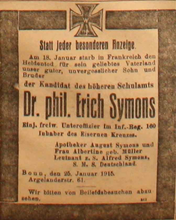 Anzeige in der Reichs-Zeitung vom 27. Januar 1915