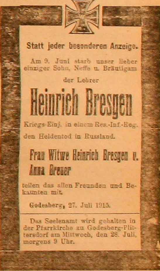 Anzeige in der Deutschen Reichs-Zeitung vom 27. Juli 1915