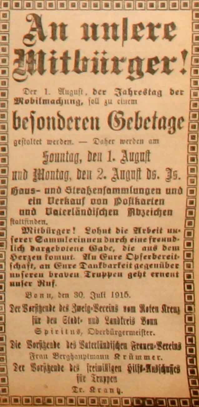 Anzeige in der Deutschen Reichs-Zeitung vom 31. Juli 1915