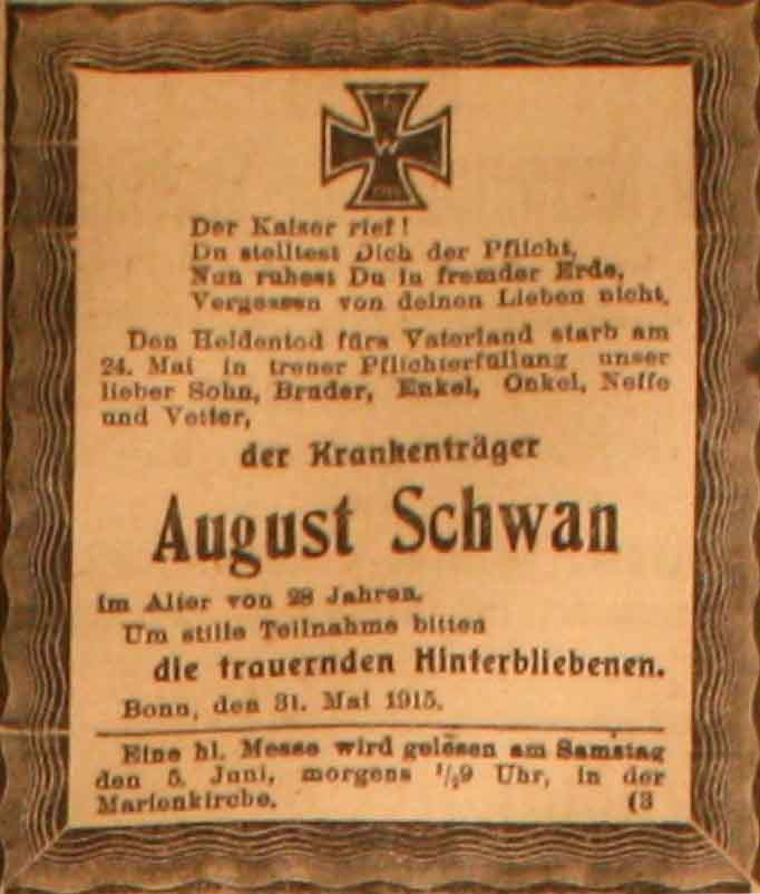 Anzeige im General-Anzeiger vom 2. Juni 1915